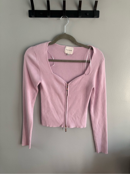 Pink Rose Tops - Pink Rose Ribbed Zip-Up Crop Top (thin sweater) in Soft Pink
